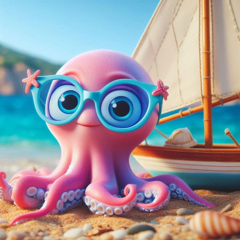 Une pieuvre rose qui aborde sur une plage avec son bateau