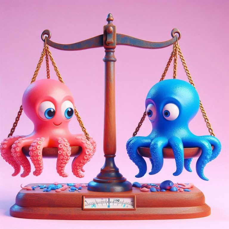 Une pieuvre rose et une pieuvre bleue dans une balance en équilibre
