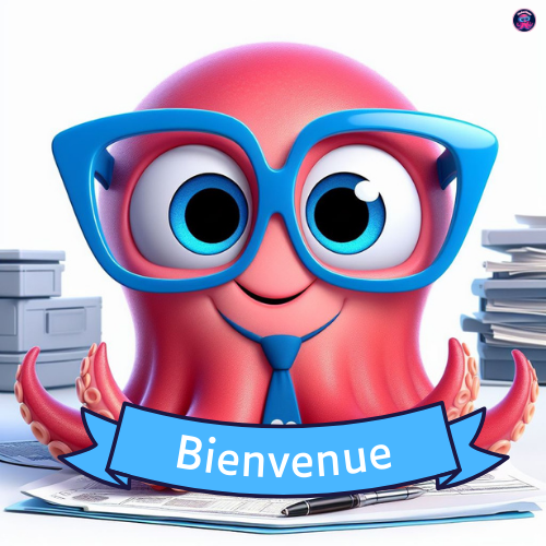 Une pieuvre rose au milieu de dossiers derrière une bannière où il est écrit : bienvenue